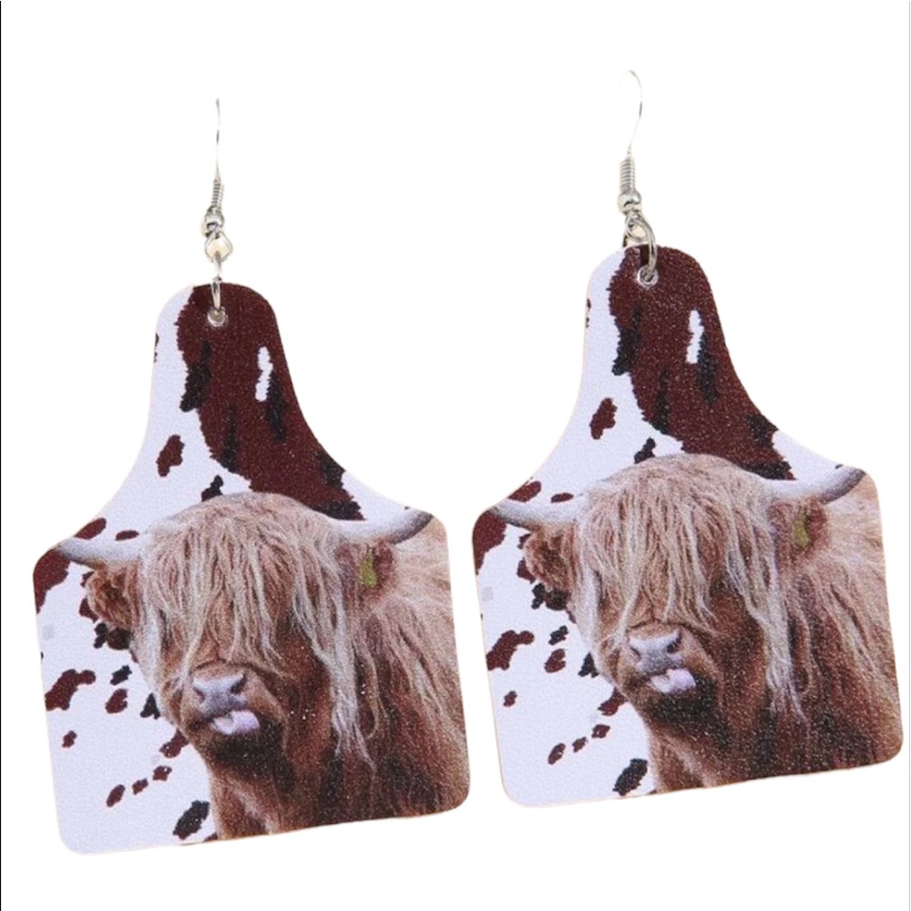 •Leather Cow Geometric Dangle Earrings•